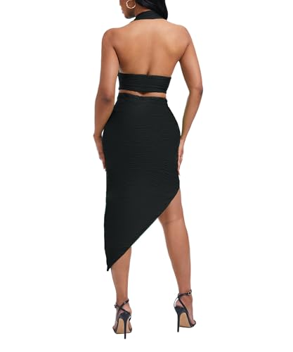 Image of Women's Sexy Clubwear 2 Piece Set Halter Crop Top & High-Slit Bodycon Skirt for Night Out