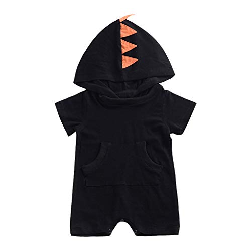 FIN86 Newborn Baby Dinosaur Romper, Infant Boys Short Sleeve Cartoon Bodysuit Jumpsuit Solid Hooded Pajamas for 3-24 Months Black