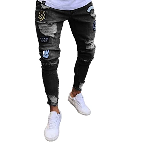Men's Slim Jeans Ripped Denim Pants Denim Trousers Hole Biker Casual Elastic Skinny Jeans