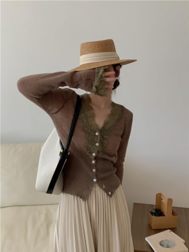 Womens Y2k Patchwork Lace Trim V-Neck Knitted Cardigan Sweaters Wool Blend Chic Vintage Tops Fairycore Clothing2