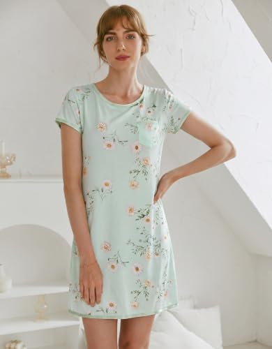 Image of Ekouaer Womens Nightgown Sleep Shirt Dress Satin Patchwork Short Sleeve Sleepwear with Pocket