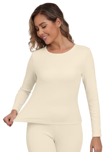 GRECERELLE Women Thermal T Shirt Round Neck Base Layer Top Beige - image 1