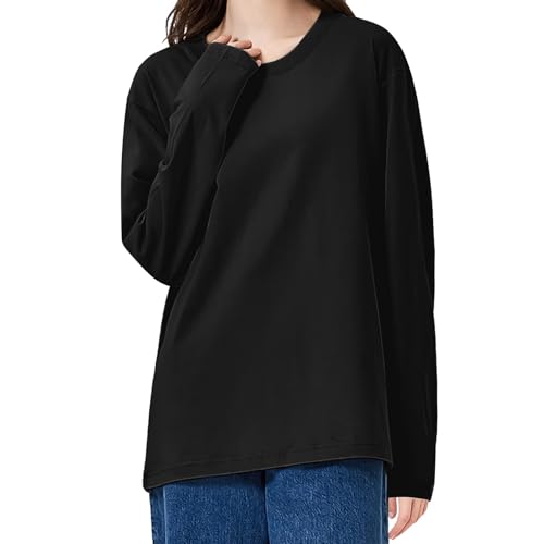 [Guooolex] ｔシャツ レディース 長袖 綿100 ティーシャツ トップス ゆったり カットソー 体型力バー 秋服 無地 5489-blk-Sの商品画像（Amazon）