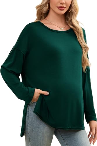 Smallshow Women's Long Sleeve Maternity Shirts Loose Tunic Pregnancy Tops Deep Green Medium