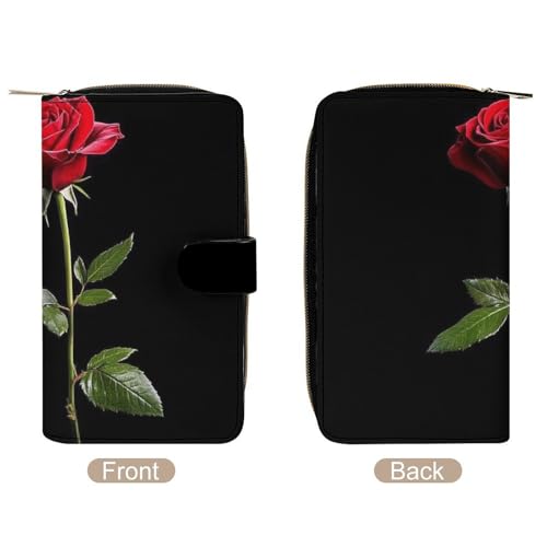PU Leather Wallet with 12 Card Slots, Women Men Portable Wallets Multi-Functional Purse for Work, Travel, Red Rose Flower Black Elegant Large Capacity Wallet3