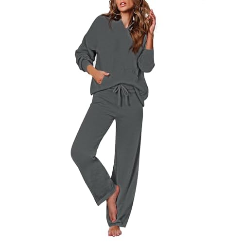 Pink Queen Sweater Set for Women Pullover Hoodie Matching Wide Leg Pants Loose Knitted Sweatsuit with Pocket Apricot Small