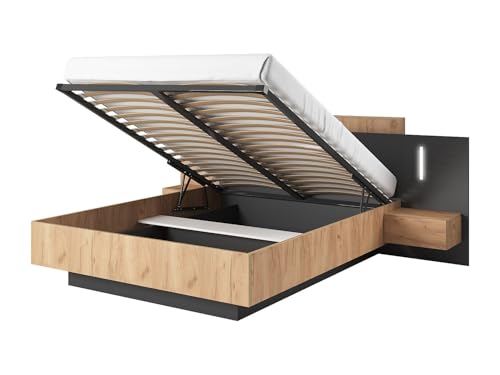 Vente-unique - Cama con Compartimento de Almacenamiento y mesitas de Noche 160 x 200 cm - 2 cajones - con Luces LED - Color: Natural y Antracita - FRANCOLI