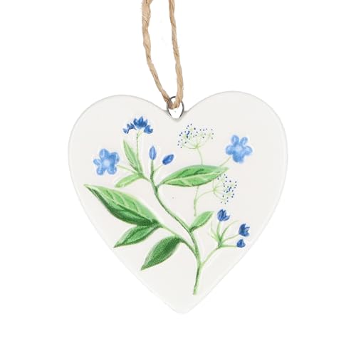 Gisela Graham Ceramic Heart Hanging Decoration, Blue Meadow Flowers, 6cm