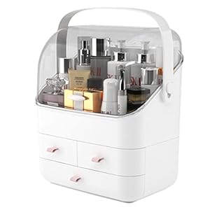 Camidy Makeup Organizer Holder Cosmetic Storage Box with Dust Free Cover Portable Handle, Dust Proof Drawers, Great for Bathroom Countertop Bedroom Dresser