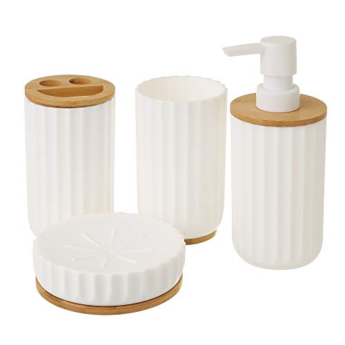 LOLAhome Juego de dispensador, Vaso, jabonera y portacepillos de bambú y PVC Blanco