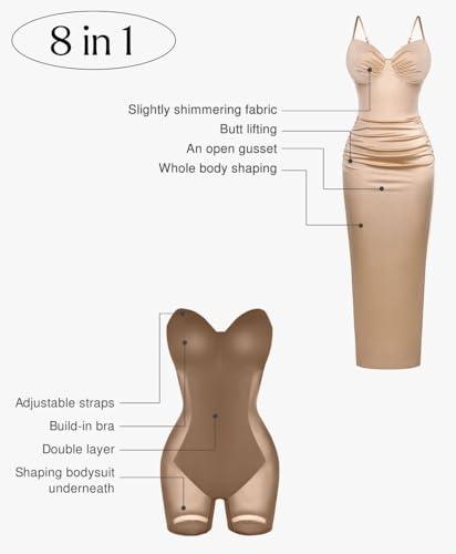 Image of Popilush V Neck Cocktail Dresses Women Shapewear Dress Adjustable Maxi Dress Tummy Control Party Dress
