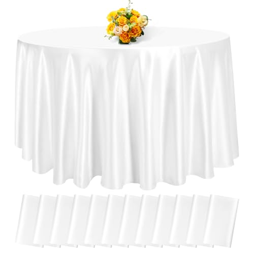 fani 12 Pack 120 Inch White Satin Tablecloth - Premium Bright Silky Round Tablecloth Overlay Smooth Fabric Table Cover, Table Decoration for Wedding Party Banquet Events Restaurant Kitchen Dining by fani - Used condition - US$91.05