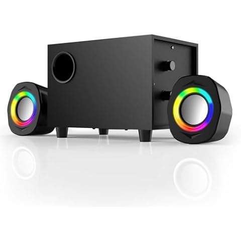 Elimavi Computer Speakers for Desktop PC, Gaming 2.1 Speaker with RGB Satellites and Subwoofer, Wired USB Powered 3.5mm Aux Speaker for PC,Laptop,Tablet,Phone - Black Cover