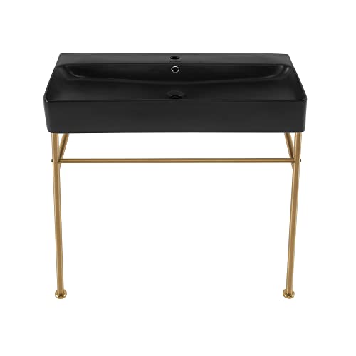 Carre 36" Ceramic Console Sink Matte Black Basin Brushed Gold Legs #TOP30