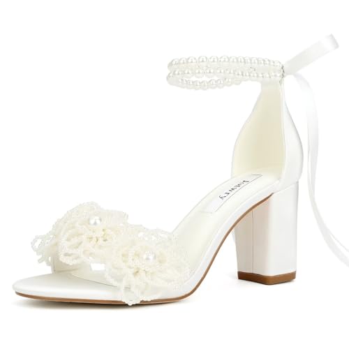 Pearl Wedding Heels Block Heel Wedding Shoes for Bride Open Toe Bridal Shoes Chunky Heeled Sandals