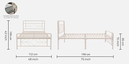 Image of Vara Metal Single Size Bed Without Storage | Wrought Iron Single Bed with Headboard & Footboard| Sturdy Powder Coated Platform Cot for Bedroom, Living Room, (Vara Ivory)