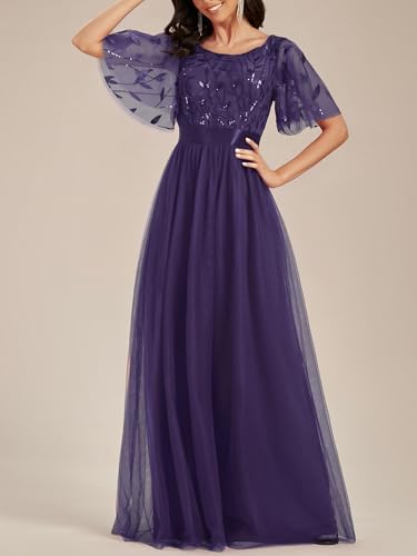 Image of Ever-Pretty Sequin Formal Prom Dresses for Women Ruffle Sleeves Empire Waist A-Line Long Mother of Bride Dress 00904