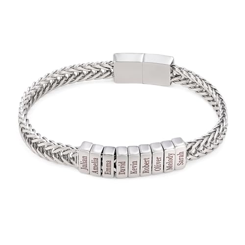 Custom Braclets For Men Stainless Steel Personalized Dad Bracelet With 1-12 Names Charm Engraved Son Bracelets From Mom Father Jewelry Valentines Birthday Gifts For Him Boyfriends Grandson