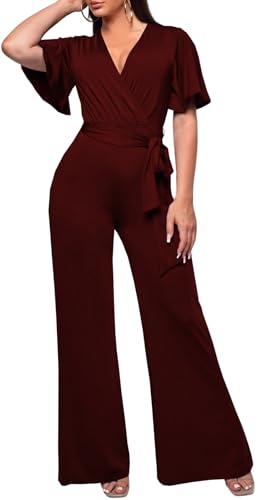 Image of PaladMom Womens Elegant Plus Size Jumpsuits Sexy Back zipper Short Sleeve Mid Waist Wide Leg Straight Rompers