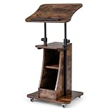 FANTASK Stehpult höhenverstellbar, 50 x 40 x 72–112 cm, mobiler Rednerpult mit neigbarer Tischplatte & offenen Fächern, Rednerpultständer zum Stehen & Sitzen, Stehtisch auf Rollen für Büro (Braun)