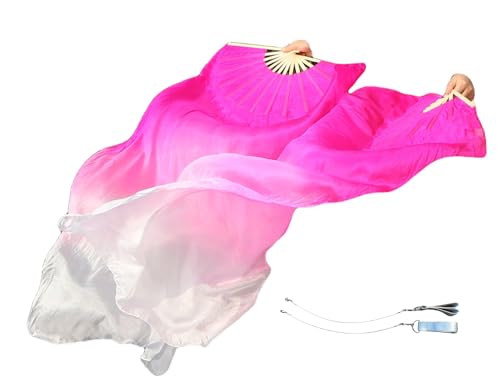 Winged Sirenny 59" (150 cm) Pairs Spinning Worship Praise Fan Pois, Adjustable Colorful Belly Dance Silk Fan Veil (pink fading)