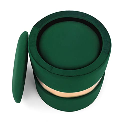 Joveco Round Storage Ottoman Set of 2 - Velvet Footrest Upholstered Footstool Seat Side Table with Metal Band (Dark Green)