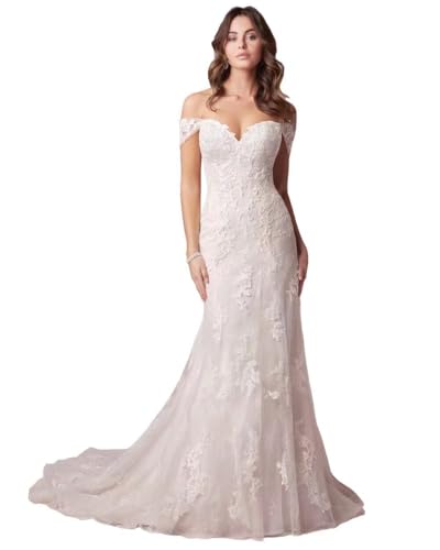 Women's Long White Mermaid Wedding Dresses For Bride 2026 Lace Applique Trumpet Wedding Gowns With Train Us10 #TOP6