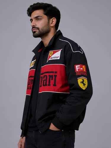 Image of Racing Bomber Jacket For Unisex | Premium Motorsport Winter Puffer Jacket for Men & Women | Streetwear Zip-Up Outerwear | Casual Biker Jacket with Graphic Print (IN, Alpha, M)