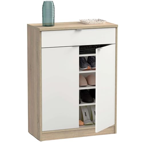 MUEBLES PITARCH | Recibidor Zapatero Mueble Auxiliar de Entrada con cajón y 4 estantes Regulables, Blanco Alto Brillo y Roble Cambrian, 20 Pares de Zapatos, 101x75x36cm, Modelo Berlín