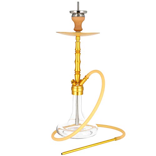 Smokezilla® MINYA BASIC Narguilé en Aluminium 86cm | Set Chicha complet avec Foyer, Cheminée et Grille | 4 Connecteurs avec Tuyau en silicone opaque et Manche en Aluminium (Or) Cover