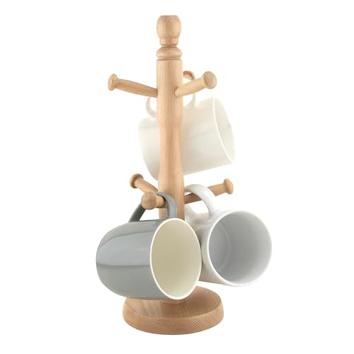 Wooden Mug Holder Tree for Kitchen | Mug Tree for Coffee & Tea Cups | Mug Stand Rack with 6 Hooks | Wooden Mug Organiser with Stable Base