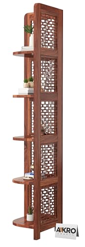 Image of Sheesham Wood Brick Corner Shelf for Living Room Bedroom Home | CNC 5 Tier Corner Bookshelf | Wooden Ladder Bookcase Display Unit (Honey Finish)