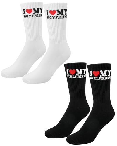 Eurzom 2 Pairs Funny Couple Socks Boyfriend Gifts for Him Her Couples Athletic Cotton Crew Socks Gifts for Young Girlfriend Anniversary Birthday Christmas Valentine Day Stuff