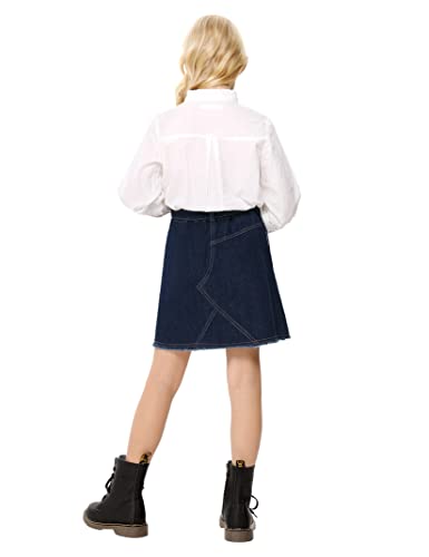 Kukume Little Girls' Mid Waist Button Front Denim Skirt A-Line Fringe Hem Skirt With Belt For 9-10 Years Deep Blue #TOP4