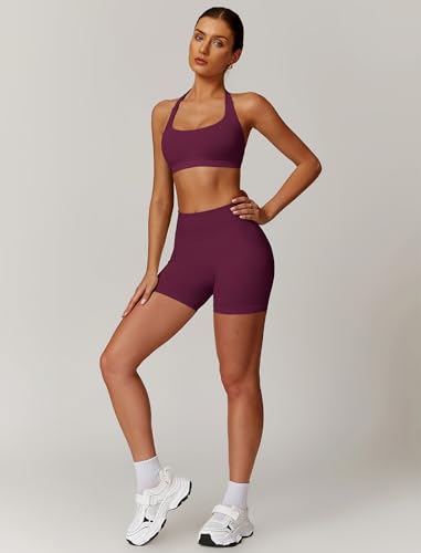 Image of ABOCIW Workout Sets for Women 2 Piece seamless Halter Sports Bra Scrunch Butt Impact Shorts Gym Yoga Outfits