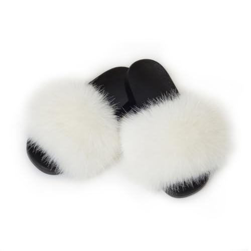 Image of Women's Faux Fur Slides Slippers Fluffy Fuzzy Sandals Open Toe Furry Slide Flip Flop Indoor Outdoor