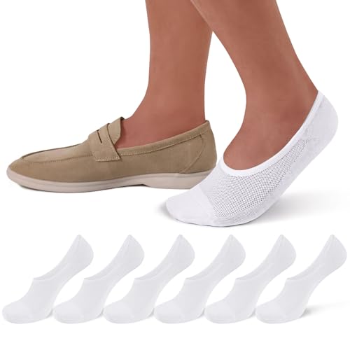SIXDAYSOX No Show Socks Men White 6 Pairs Thin Invisible Low Cut Non Slip Socks for Loafer Sneakers Size 10-13