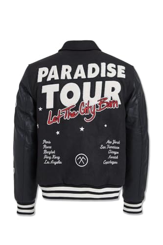 Paradise Tour Black Varsity Jacket, Embroidered Flames and Tribal Design2