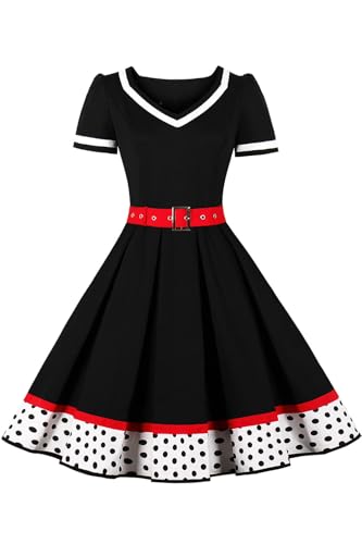 AXOE Women's 50s Style Vintage Rockabilly Dress A-Line Cotton Belted Wedding Guest & Prom Dress Party Wear White with Black Polka Dots, UK Size 24, 5XL
