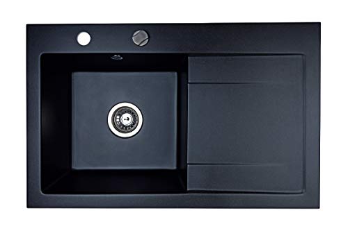 Granitspüle mit Siphon | Schwarz Metallic | 79,5cm x 50,5cm | Spülbecken für Unterschrank ab 45 cm | Küchenspüle Milano 80L aus Granit | Einbauspüle mit Ablaufgarnitur und Überlauf von Brenor Cover