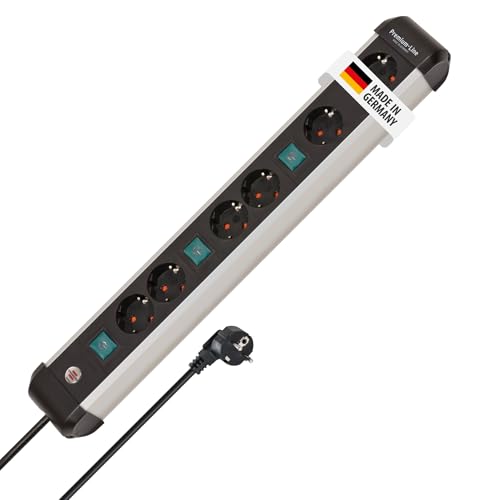 Brennenstuhl Premium-Alu-Line Steckdosenleiste 6-Fach/Steckerleiste aus hochwertigem Aluminium (Mehrfachsteckdose mit 3X 2-Fach schaltbare Steckdosen,3m Kabel, Made in Germany)