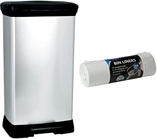 Curver 187177 Rectangular Pedal Bin, 39 x 29 x 73 cm, Polypropylene, Metal Look, 50 L, black metal, 50L