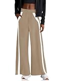 Fisoew Womens Wide Leg Casual Sweatpants High Waisted Striped Loose Lounge Pants with Pockets Khaki, Medium