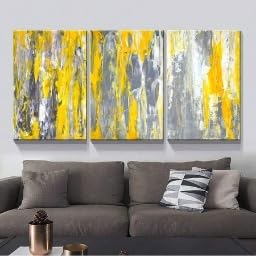 Toile murale abstraite jaune 60x80 cm triptyque avec cadre intérieur pour salle à manger