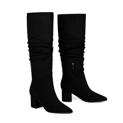 Image of Easyfox Womens Knee High Boots Chunky Low Heel Pointed Toe Tall Long Boots