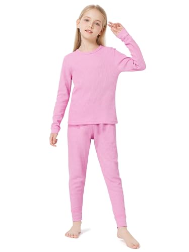 VZV Thermal Underwear for Kids Girls Thermal Underwear Set Waffle Long Johns Cotton Kids Base Layer Top and Bottom for Winter