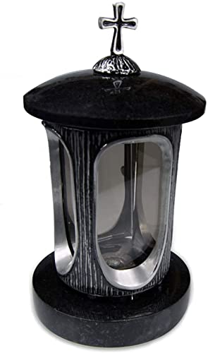 Vershy Grablaterne Silber mit Granit Sockel dunkel Impala Grabschmuck Stilvolle Granitlaterne Elegant Granit Black Höhe 28 cm/Ø 15 cm Grablampe Grablicht Grableuchte