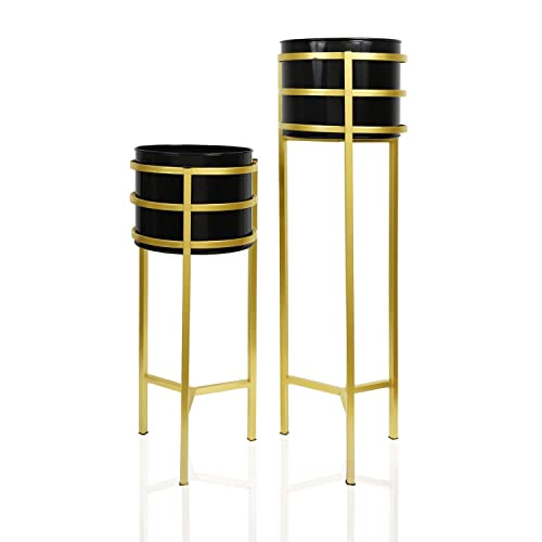 Image of Metal Floor Flower Stand for Living Room /Indoor Plant Stand with Planter Pot (Set of 2) (Black)