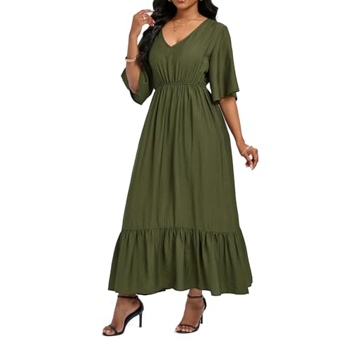 Image of Women's Summer Short Sleeve Maxi Floral Flowy Dresses with Pockets