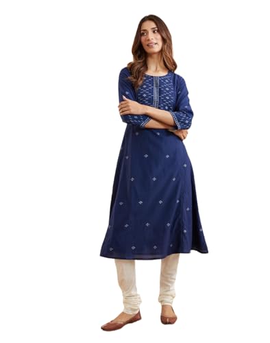 Kurta bleu marine Fabindia col rond taille S en coton chic